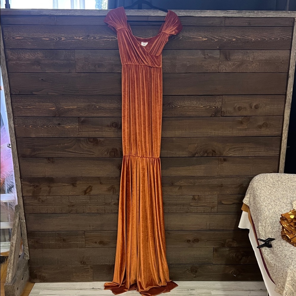 Anthropologie Orange Velvet Maxi Dress